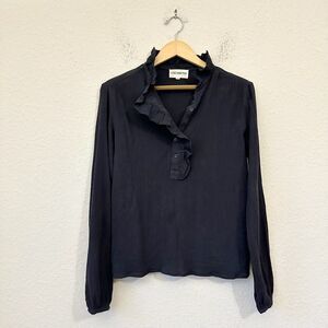 NWOT V.DE.VINSTER Black Textured Ruffle-Neck L/S Blouse Henley *FLAWED*